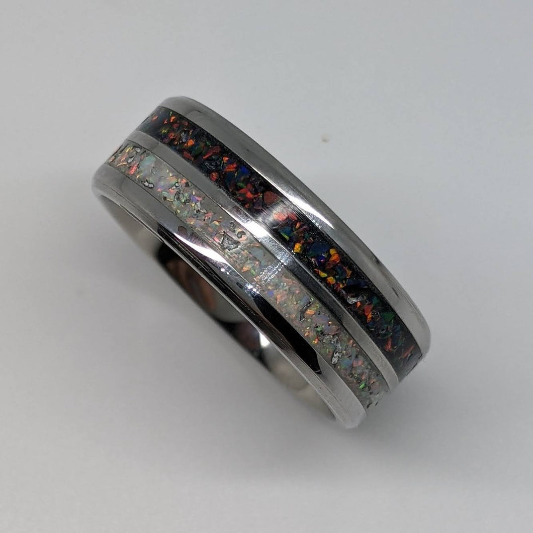 White Pearl and Black Rainbow Opal Double / Dual Channel Inlay Iridescent Glow Ring - 8mm - Please choose Ring Size and Material