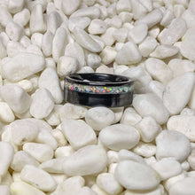 Load image into Gallery viewer, White Fire Opal + Black Ceramic Offset Channel Inlay Iridescent Glow Ring - 8mm - Please choose Ring Size. Custom inlay colors available!
