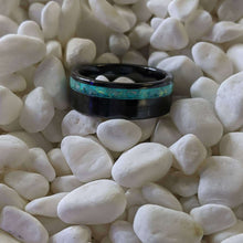 Load image into Gallery viewer, White Fire Opal + Black Ceramic Offset Channel Inlay Iridescent Glow Ring - 8mm - Please choose Ring Size. Custom inlay colors available!
