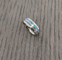 Load image into Gallery viewer, Sky Blue and Gray Fire Opal Double / Dual Channel Inlay Iridescent Glow Ring - 8mm - Please choose Ring Size and Material