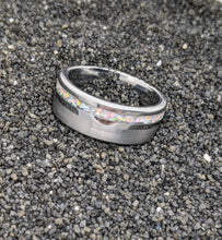 Load image into Gallery viewer, White Fire Opal + Tungsten Offset Channel Inlay Iridescent Glow Ring - 8mm - Please choose Ring Size. Custom inlay colors available!
