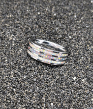 Load image into Gallery viewer, White Pearl Fire Opal and Gray Fire Opal Triple 3x Channel Inlay Iridescent Glow Ring - 8mm - Please choose Ring Size and Material