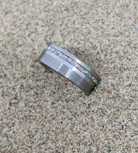 Load image into Gallery viewer, White Fire Opal + Tungsten Offset Channel Inlay Iridescent Glow Ring - 8mm - Please choose Ring Size. Custom inlay colors available!