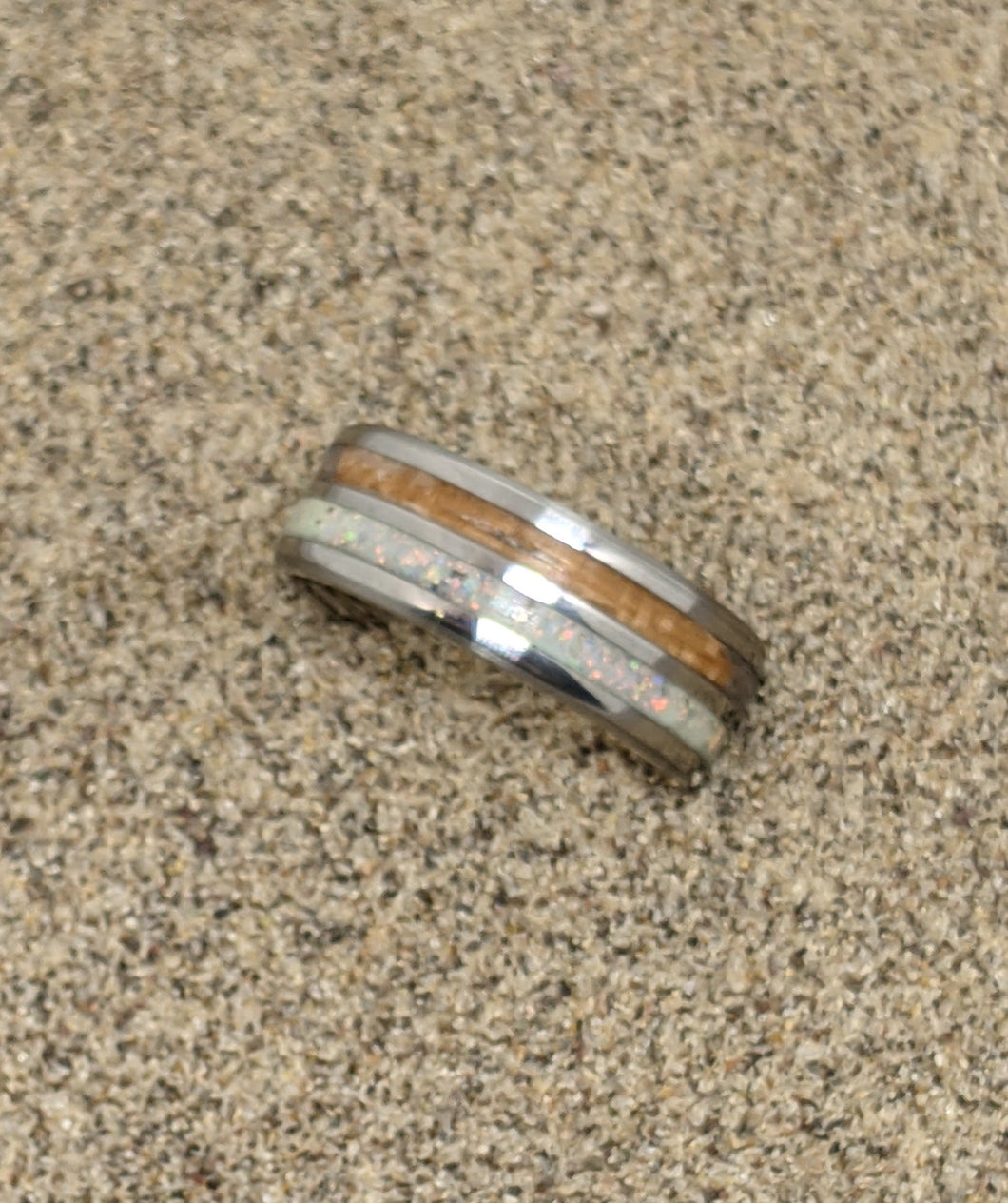 White Pearl Opal and Koa Wood Double / Dual Channel Inlay Iridescent Glow Ring - 8mm - Please choose Ring Size and Material