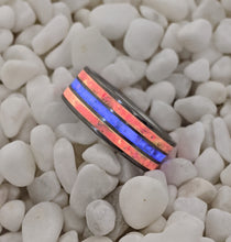 Load image into Gallery viewer, White Pearl Fire Opal and Pink Opal Triple 3x Channel Inlay Iridescent Glow Ring - 8mm - Please choose Ring Size and Material