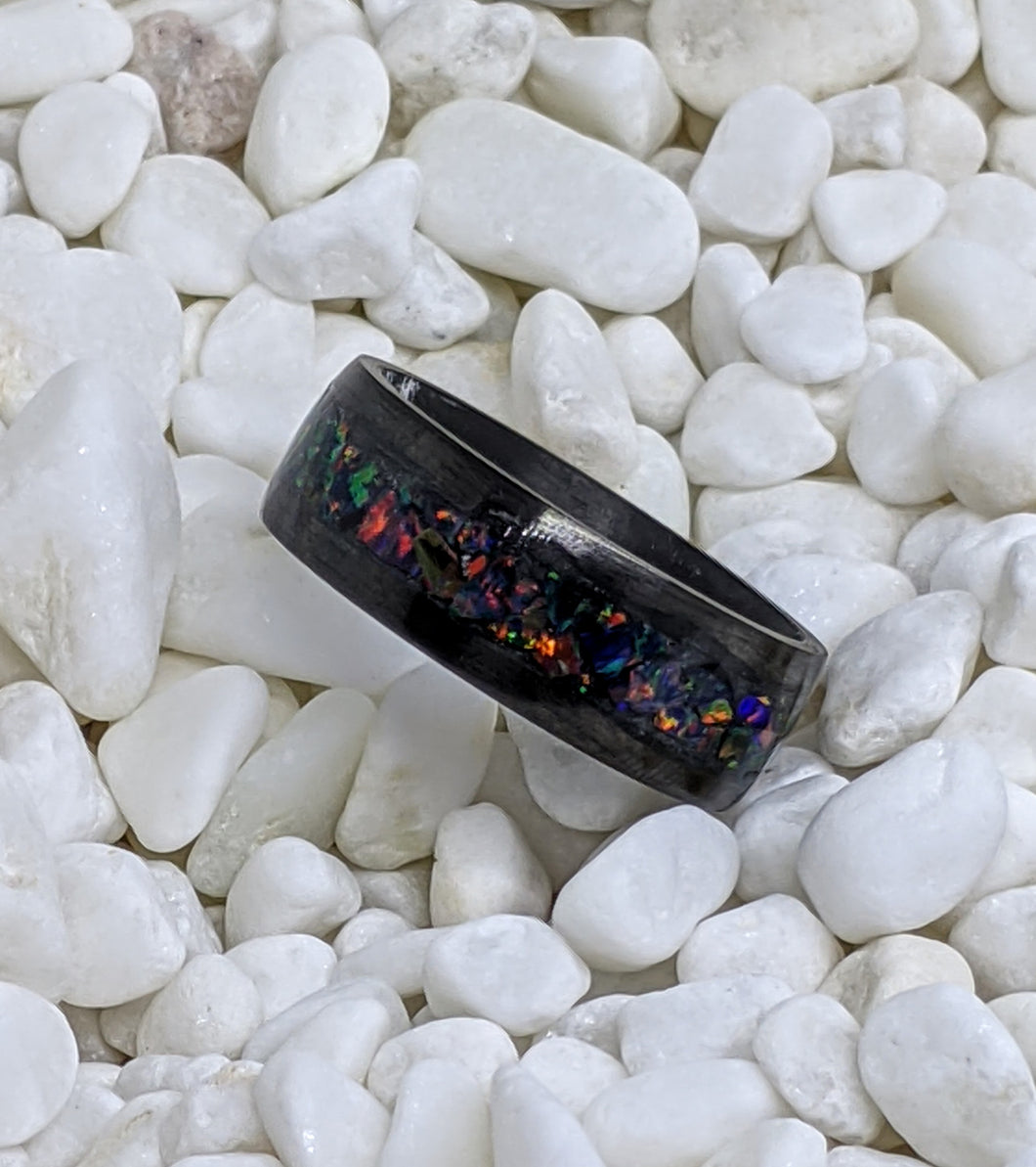 Black Fire Opal Inlay Iridescent Glow Ring - 4/6/8mm wide - Custom - Please choose Ring Material, Size & Width