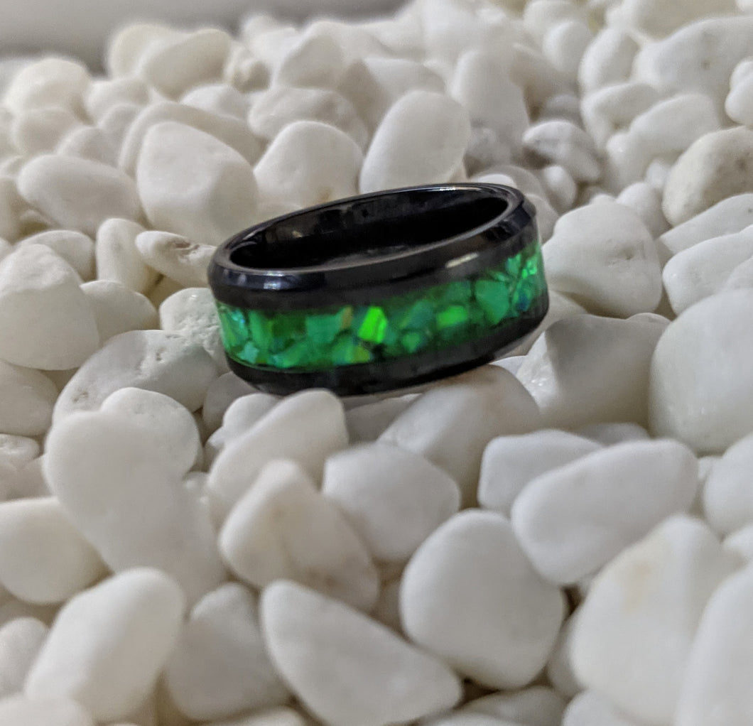 Neon Green Fire Opal Inlay Iridescent Glow Ring - 4/6/8mm wide - Custom - Please choose Ring Material, Size & Width