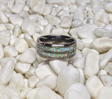 Load image into Gallery viewer, White Fire Opal in a Double 2x Channel Inlay Iridescent Glow Ring - 8mm - Please choose Ring Size and Material. Custom Colors Available!