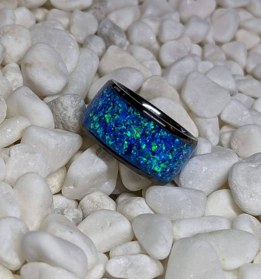 Extra Wide Blue Ice Fire Opal Inlay Iridescent Glow Ring - 10mm wide - Custom - Please choose Ring Size
