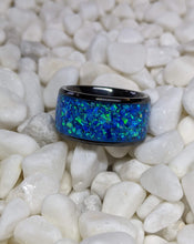 Load image into Gallery viewer, Extra Wide Blue Ice Fire Opal Inlay Iridescent Glow Ring - 10mm wide - Custom - Please choose Ring Size