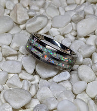 Load image into Gallery viewer, White Fire Opal in a Double 2x Channel Inlay Iridescent Glow Ring - 8mm - Please choose Ring Size and Material. Custom Colors Available!