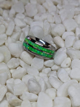 Load image into Gallery viewer, Green Neon Fire Opal in a Double 2x Channel Inlay Iridescent Glow Ring - 8mm - Please choose Ring Size & Material. Custom Colors Available!