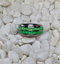Load image into Gallery viewer, Green Neon Fire Opal in a Double 2x Channel Inlay Iridescent Glow Ring - 8mm - Please choose Ring Size & Material. Custom Colors Available!