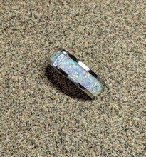 Load image into Gallery viewer, White Glacier Ice Opal Inlay Iridescent Glow Ring - 4/6/8mm wide - Custom - Please choose Ring Material, Size &amp; Width
