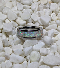 Load image into Gallery viewer, White Fire Opal Inlay Iridescent Glow Ring - 4/6/8mm wide - Custom - Please choose Ring Material, Size &amp; Width
