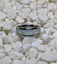 Load image into Gallery viewer, White Fire Opal Inlay Iridescent Glow Ring - 4/6/8mm wide - Custom - Please choose Ring Material, Size & Width