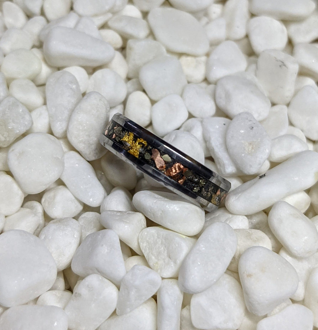 24k Gold, Meteorite, Iron Pyrite & Copper Inlay Glow Ring - 6mm/8mm wide - Custom - Choose Ring Material, Size and Width
