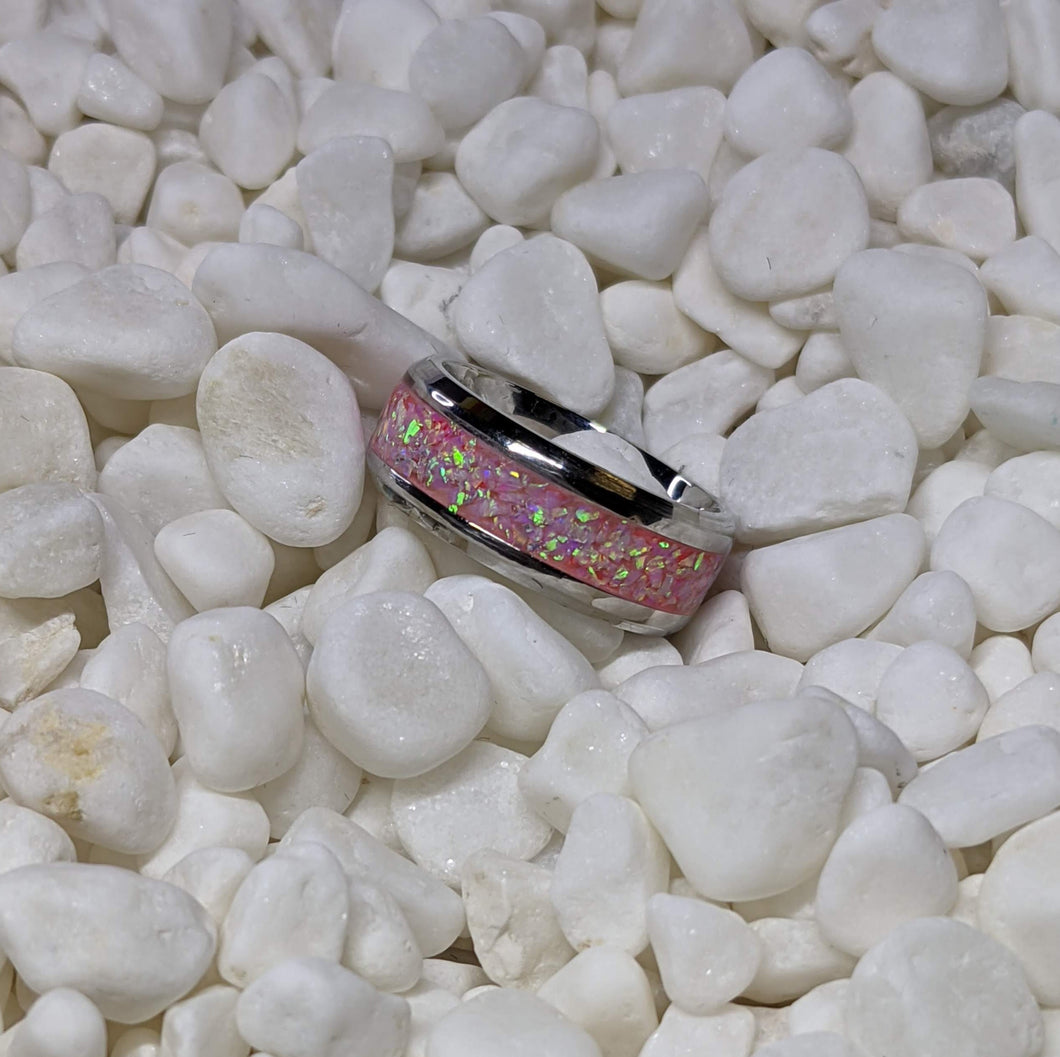 Rose Quartz Pink Fire Opal Inlay Iridescent Glow Ring - 4/6/8mm wide - Custom - Please choose Ring Material, Size & Width