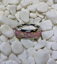 Load image into Gallery viewer, Rose Quartz Pink Fire Opal Inlay Iridescent Glow Ring - 4/6/8mm wide - Custom - Please choose Ring Material, Size & Width