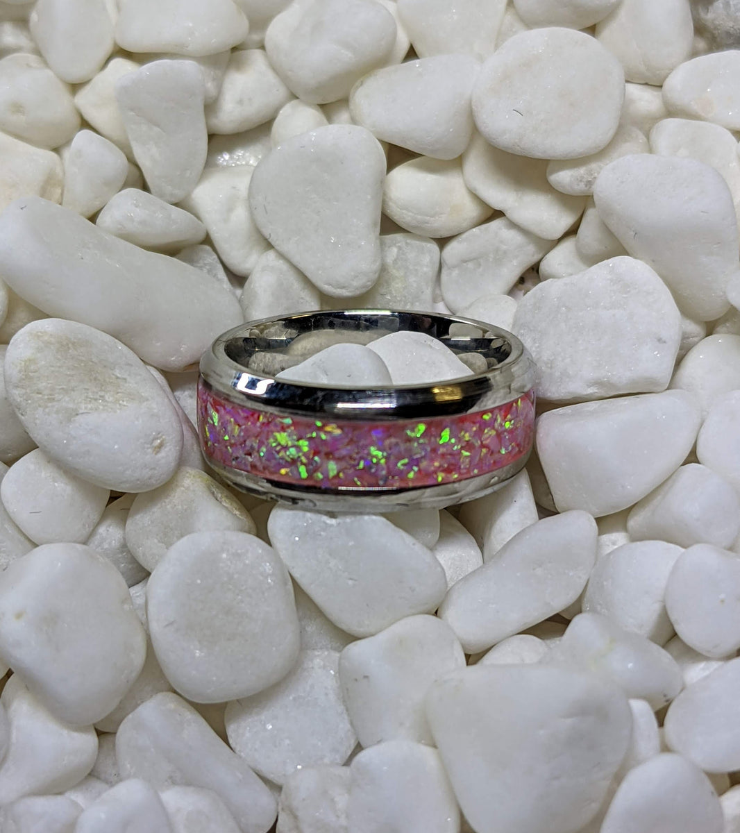 Rose Quartz Pink Fire Opal Inlay Iridescent Glow Ring 4/6/8mm wide