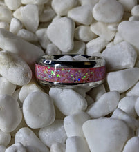 Load image into Gallery viewer, Rose Quartz Pink Fire Opal Inlay Iridescent Glow Ring - 4/6/8mm wide - Custom - Please choose Ring Material, Size & Width