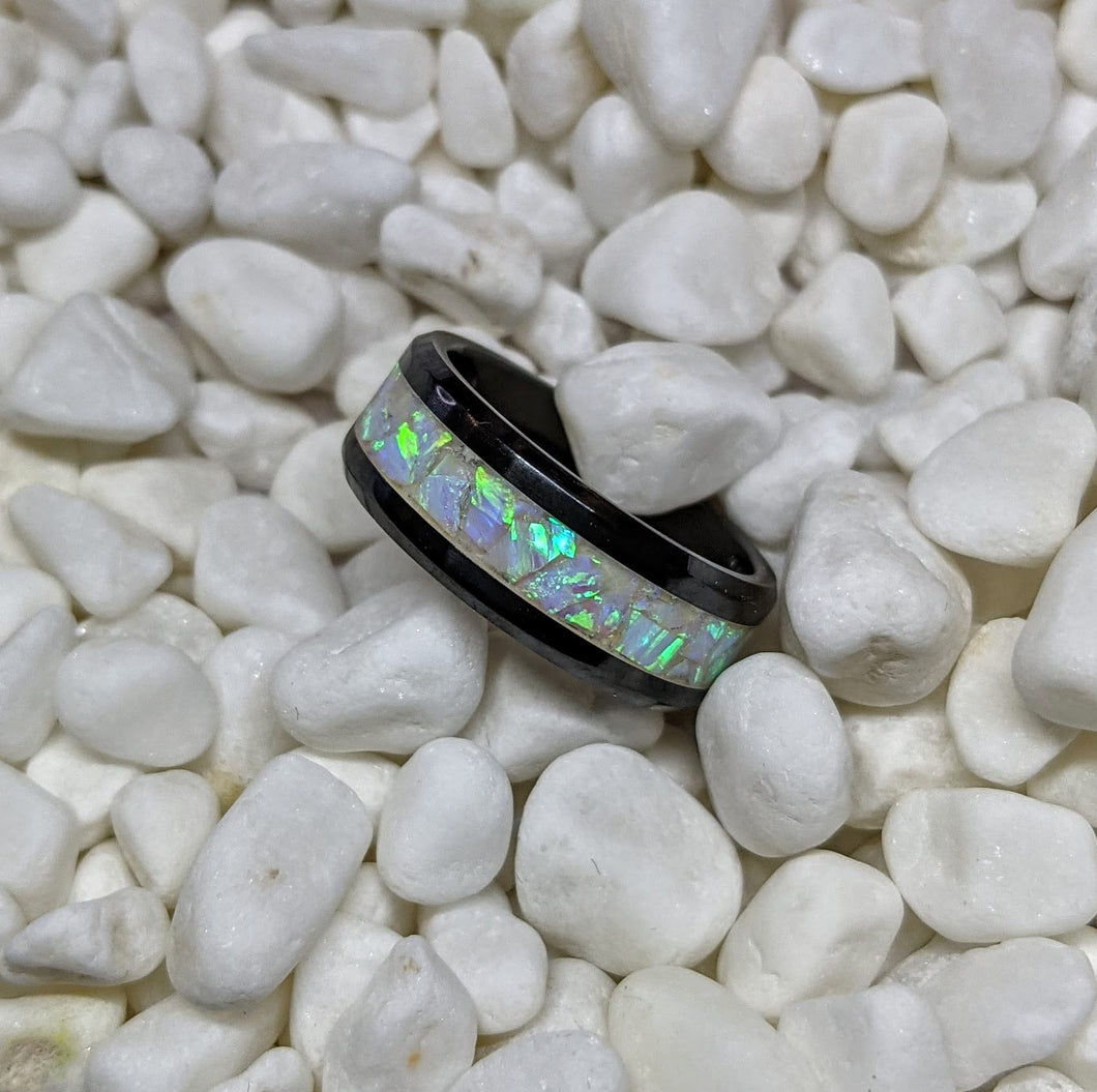 White Glacier Ice Opal Inlay Iridescent Glow Ring - 4/6/8mm wide - Custom - Please choose Ring Material, Size & Width