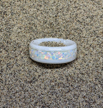 Load image into Gallery viewer, White Fire Opal Inlay Iridescent Glow Ring - 4/6/8mm wide - Custom - Please choose Ring Material, Size & Width