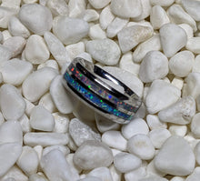 Load image into Gallery viewer, Sky Blue and Gray Fire Opal Double / Dual Channel Inlay Iridescent Glow Ring - 8mm - Please choose Ring Size and Material