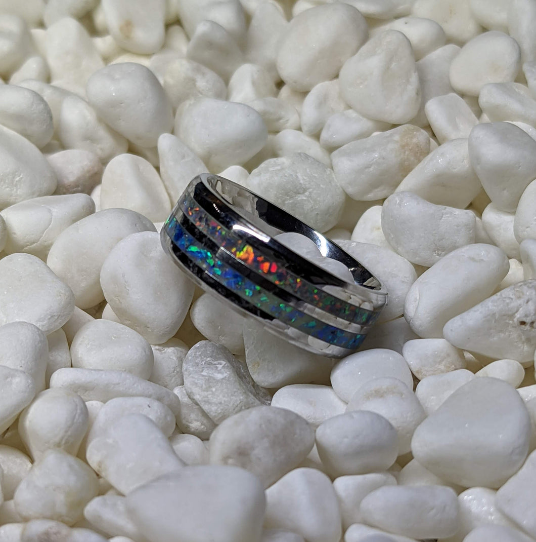 Sky Blue and Gray Fire Opal Double / Dual Channel Inlay Iridescent Glow Ring - 8mm - Please choose Ring Size and Material