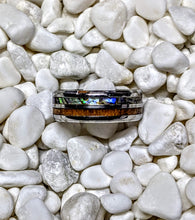 Load image into Gallery viewer, Abalone Shell/Mother of Pearl & Koa Wood Double / Dual Channel Inlay Iridescent Ring - 8mm - Please choose Ring Size and Material