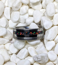 Load image into Gallery viewer, Black Fire Opal + Tungsten Offset Channel Inlay Iridescent Glow Ring - 8mm - Please choose Ring Size. Custom inlay colors available!