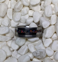Load image into Gallery viewer, Black Fire Opal + Tungsten Offset Channel Inlay Iridescent Glow Ring - 8mm - Please choose Ring Size. Custom inlay colors available!