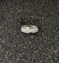 Load image into Gallery viewer, Cherry Blossom Fire Opal Inlay Iridescent Glow Ring - 4/6/8mm wide - Custom - Please choose Ring Material, Size &amp; Width
