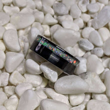 Load image into Gallery viewer, White Fire Opal + Black Ceramic Offset Channel Inlay Iridescent Glow Ring - 8mm - Please choose Ring Size. Custom inlay colors available!
