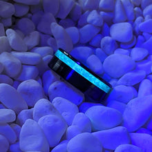 Load image into Gallery viewer, White Fire Opal + Black Ceramic Offset Channel Inlay Iridescent Glow Ring - 8mm - Please choose Ring Size. Custom inlay colors available!
