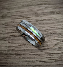 Load image into Gallery viewer, Abalone Shell/Mother of Pearl &amp; Koa Wood Double / Dual Channel Inlay Iridescent Ring - 8mm - Please choose Ring Size and Material
