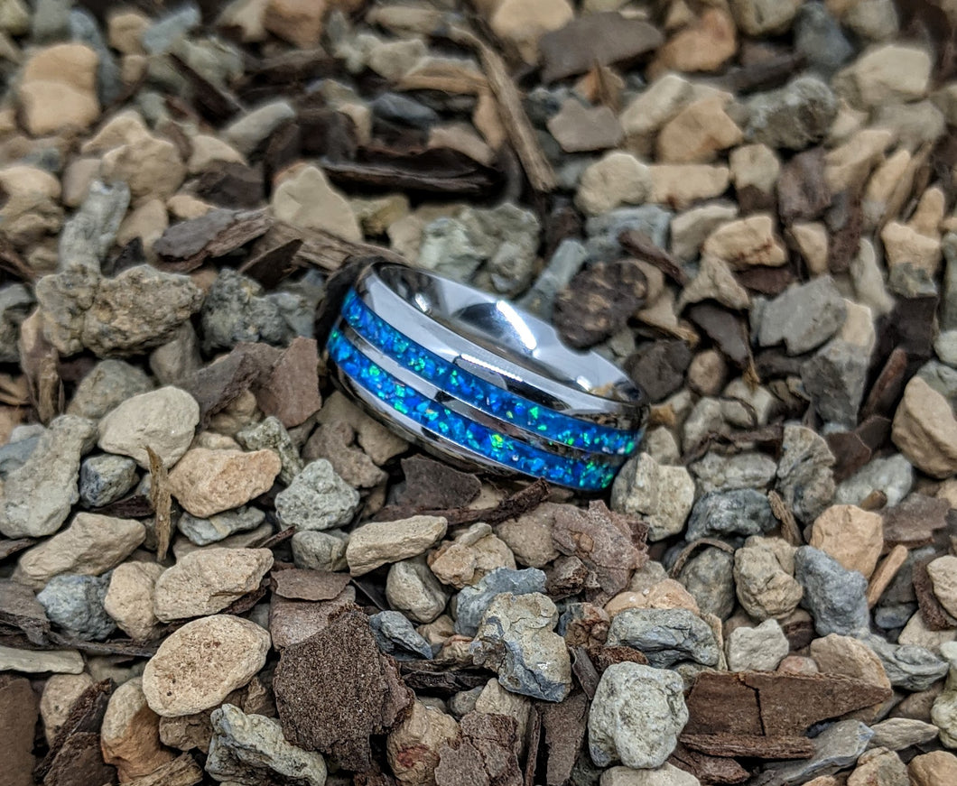 Sky Blue Opal in a Double 2x Channel Inlay Iridescent Glow Ring - 8mm - Please choose Ring Size and Material. Other Colors Available!
