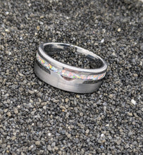 Load image into Gallery viewer, White Fire Opal + Tungsten Offset Channel Inlay Iridescent Glow Ring - 8mm - Please choose Ring Size. Custom inlay colors available!
