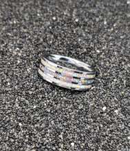 Load image into Gallery viewer, White Pearl Fire Opal and Gray Fire Opal Triple 3x Channel Inlay Iridescent Glow Ring - 8mm - Please choose Ring Size and Material
