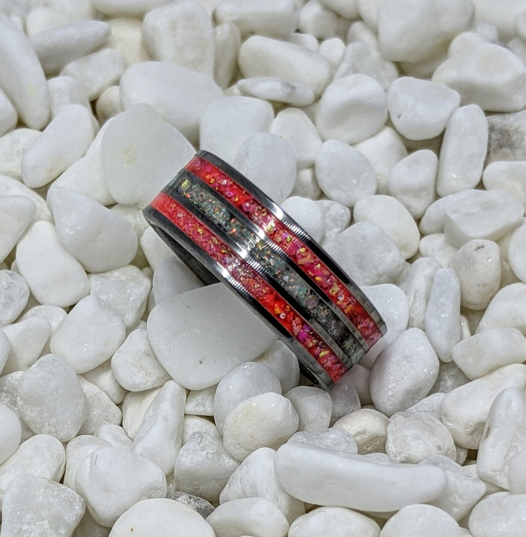 White Pearl Fire Opal and Pink Opal Triple 3x Channel Inlay Iridescent Glow Ring - 8mm - Please choose Ring Size and Material