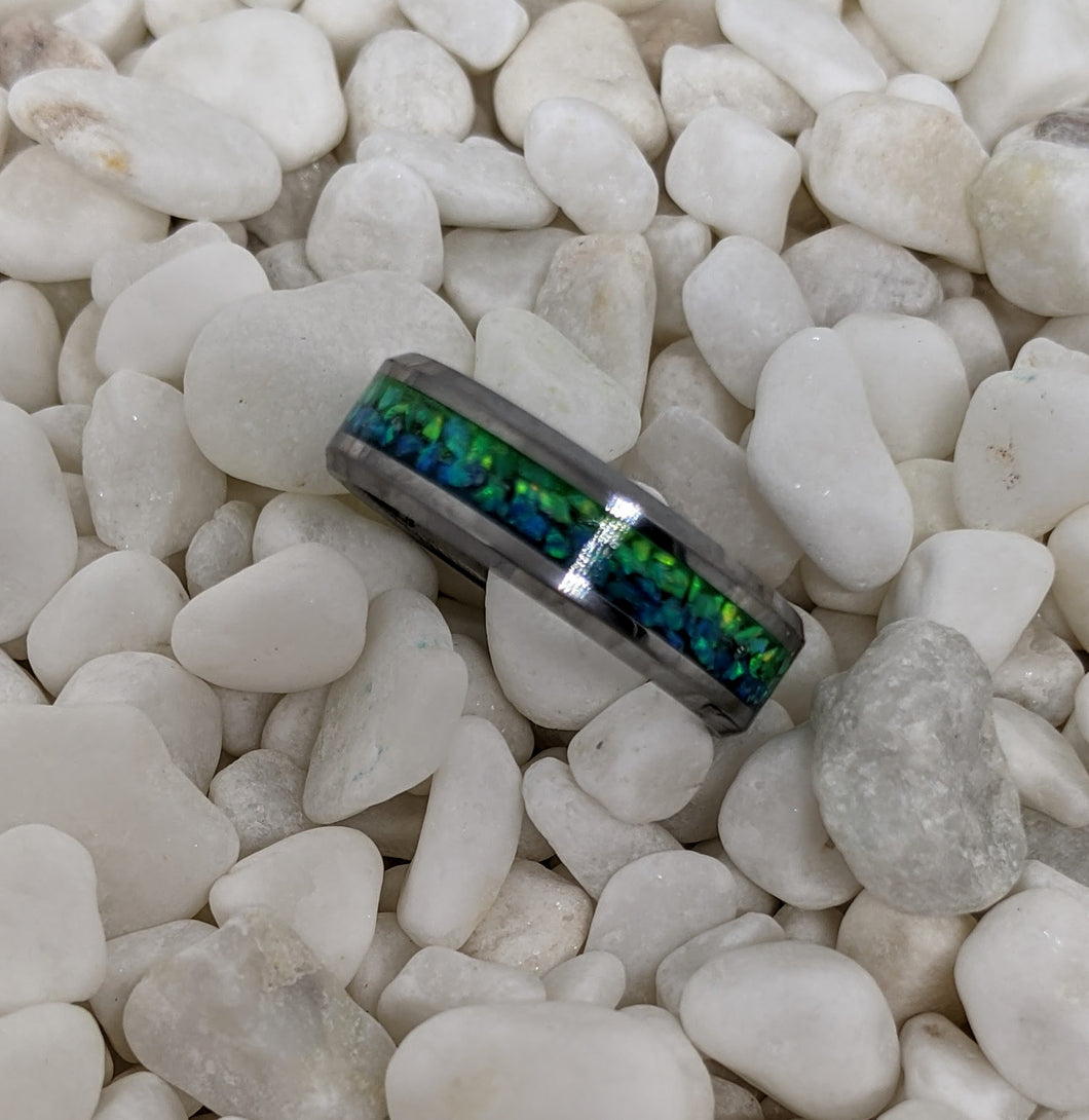 Blue & Green Ombre Fire Opal Inlay Iridescent Glow Ring - 4/6/8mm wide - Custom - Please choose Ring Material, Size & Width