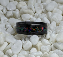 Load image into Gallery viewer, Black Fire Opal Inlay Iridescent Glow Ring - 4/6/8mm wide - Custom - Please choose Ring Material, Size &amp; Width
