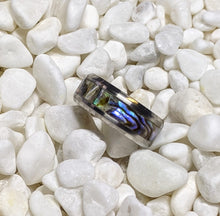 Load image into Gallery viewer, Abalone Shell Mother of Pearl Inlay Rainbow Iridescent Glow Ring - 4/6/8mm wide ring - Custom - Please choose Ring Material, Size &amp; Width
