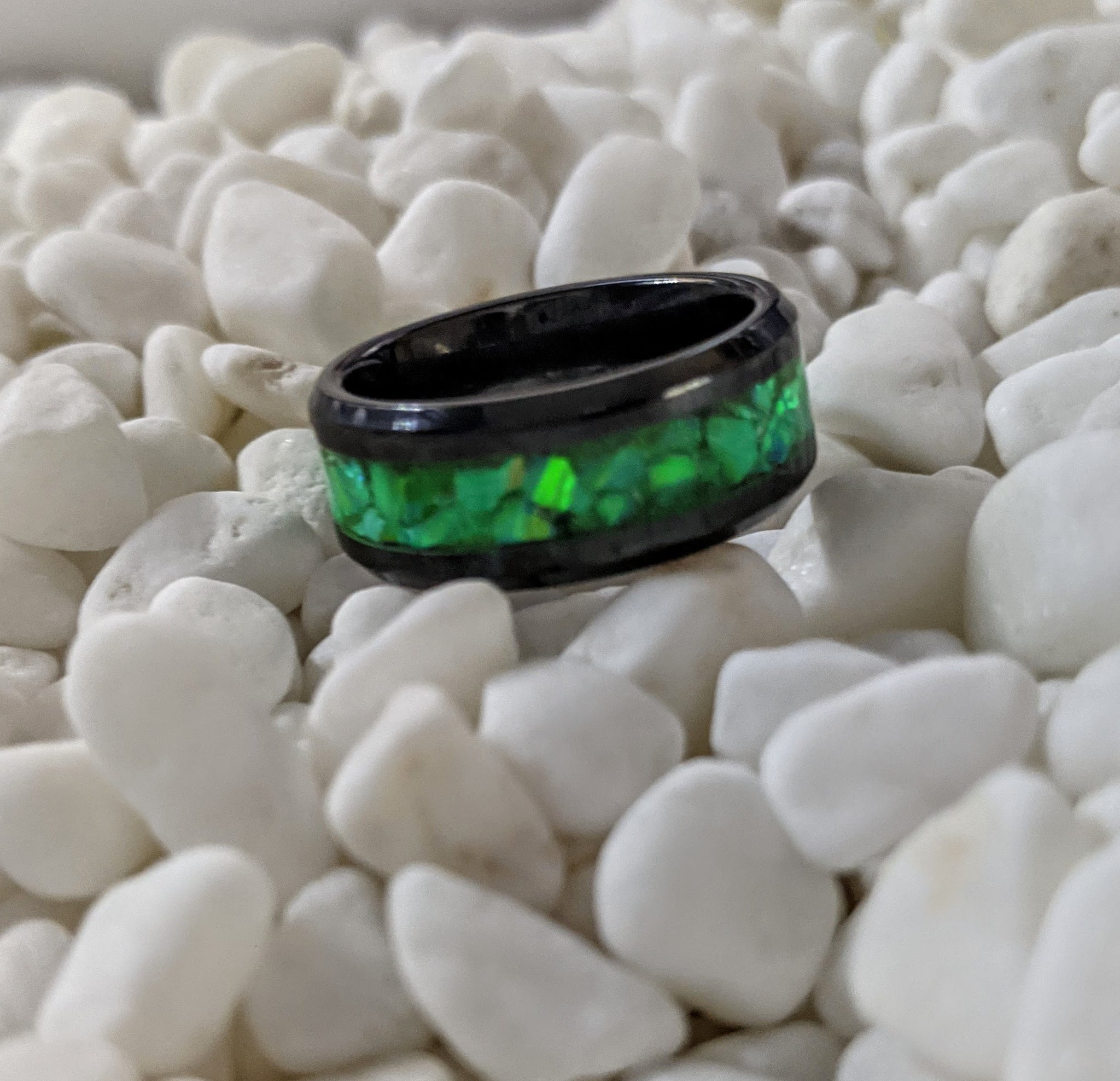 Neon Green Fire Opal Inlay Iridescent Glow Ring 4/6/8mm wide Custom Please choose Ring Material, Size Width