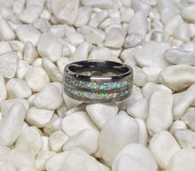 Load image into Gallery viewer, White Fire Opal in a Double 2x Channel Inlay Iridescent Glow Ring - 8mm - Please choose Ring Size and Material. Custom Colors Available!
