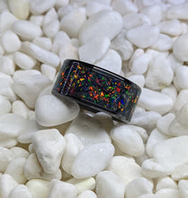 Load image into Gallery viewer, Extra Wide Black Fire Opal Inlay Iridescent Glow Ring - 10mm wide - Custom - Please choose Ring Size
