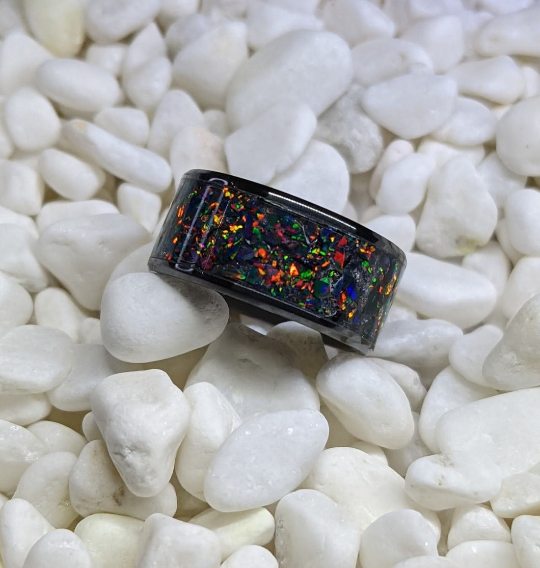 Extra Wide Black Fire Opal Inlay Iridescent Glow Ring - 10mm wide - Custom - Please choose Ring Size