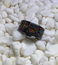 Load image into Gallery viewer, Extra Wide Black Fire Opal Inlay Iridescent Glow Ring - 10mm wide - Custom - Please choose Ring Size
