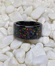 Load image into Gallery viewer, Extra Wide Black Fire Opal Inlay Iridescent Glow Ring - 10mm wide - Custom - Please choose Ring Size
