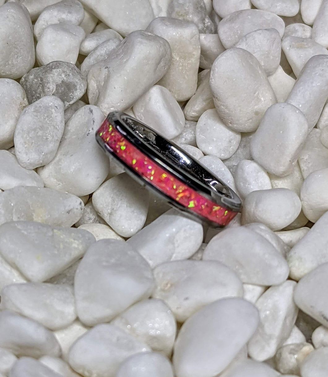 Pink Fire Opal Inlay Iridescent Glow Ring - 4/6/8mm wide - Custom - Please choose Ring Material, Size & Width